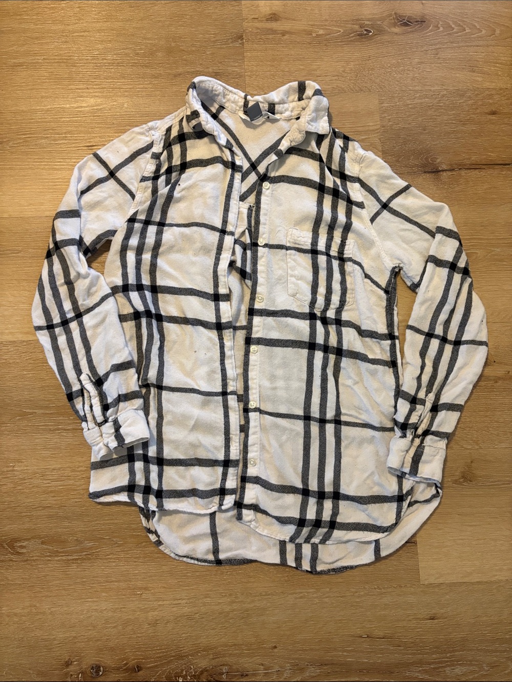 White and Black Plaid Button-Up Flannel Shirt